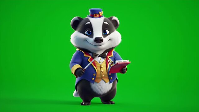 Cartoon Badger Ringmaster with Blue Coat and Top Hat Holding Clipboard Isolated by Green Screen in 3D Animation Style Rendered for Digital Art Projects and Creative Content Design