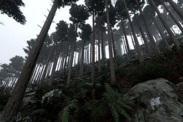 Dense forest, misty, rocky hillside