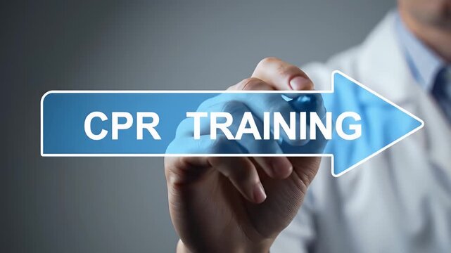 Doctor Demonstrating Cpr Training With a Blue Arrow on Transparent Screen Against Gray Background with White Doctor Coat Close Up