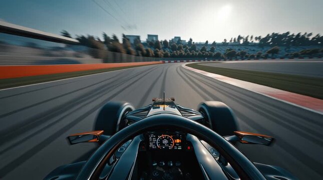 Point of view shot of a formula one car racing on a track with grandstands and city skyline view