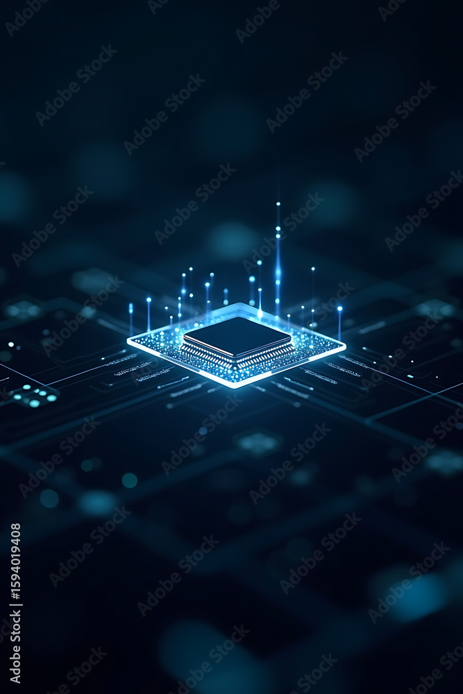Poster a glowing central processing unit (cpu) on a circuit board with light trails emanating upwards.