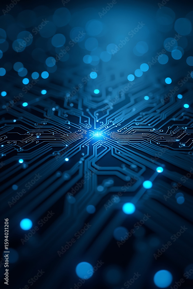 Aufkleber abstract close-up view of intricate circuit board patterns with glowing blue highlights.
