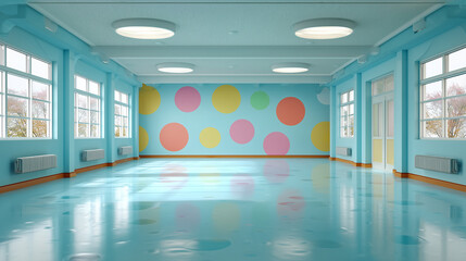 Large, bright, and empty preschool gym with colorful dots on the wall and a light blue floor, ready for children's activities