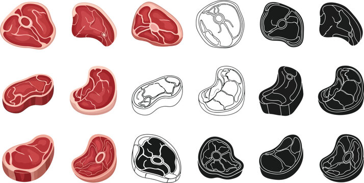 Different cuts of steak illustration vector set raw beef meat steakhouse menu design butcher shop concept