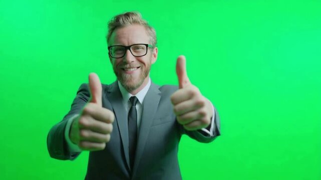 Thumbs Up Confidence: An executive, radiating confidence and approval with a thumbs-up gesture, set against a vibrant green backdrop.