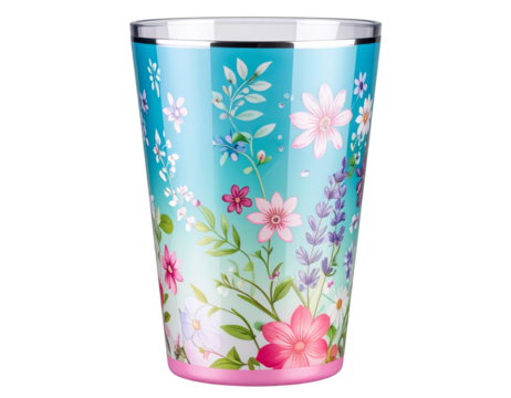 ColorfulTumbler with Bloom Motif, Angled Perspective – Transparent PNG.