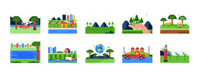 Ecosystem illustrations set. Concept of ecosystem. Green ecosystems of Earth. Flat vector illustrations.