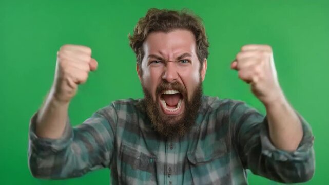 Furious Expression: Capturing raw human emotion, a man with a beard clenches his fists and roars in a burst of anger against a vibrant, uniform backdrop.