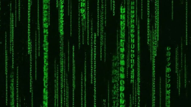 A digital matrix background with flowing green code streams, data visualizations slow movement, seamless loop and deep black backdrop