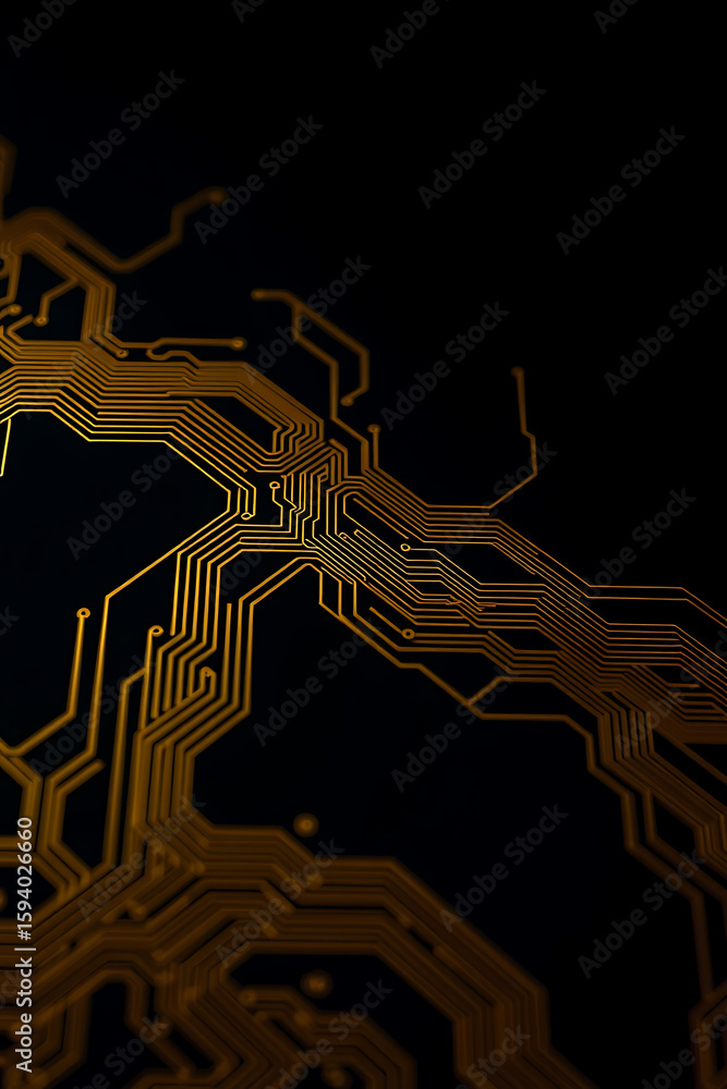 Poster close-up of a golden circuit board pattern against a dark background, showing intricate lines and co