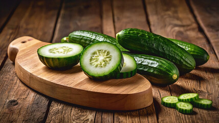 Fresh cucumbers and cut slices on wooden background