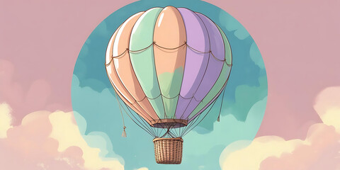 Fototapeta premium Whimsical pastel hot air balloon illustration in soft pink sky