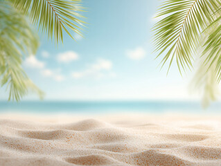 Tropical Beach with Palm Leaves and Blue Sky
