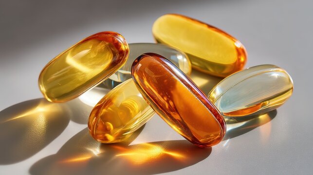 Vibrant stacked multicolor health supplement softgels gleaming with translucent amber and gold tones on smooth gray surface - premium capsules for daily wellness and beauty skincare nourishment - Powered by Adobe