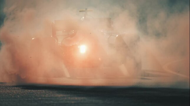 A formula one car with smoke coming from the tires on a dark background in a close up shot view