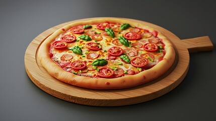 A freshly baked vegetable pizza served on a round wooden paddle board. The pizza is topped with slices of tomato, green bell peppers, melted cheese, and fresh basil leaves. The background is a clean,