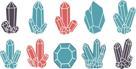 Illustration of ten colorful crystals and gems isolated on a white background in a flat design style
