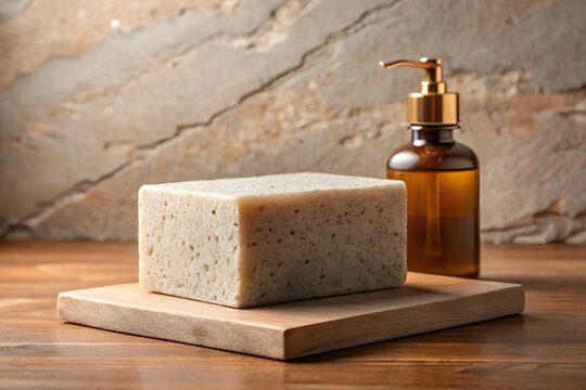 Natural soap bar with amber dispenser bottle