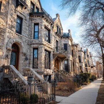 A row of historic stone homes with iron fences in Logan Square, Chicago, sunny day --v 7 Job ID: f621410f-c751-4eab-ad1c-282cbd1a8b3b