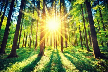 Fototapeta premium Sunlight streams through lush forest canopy (2)