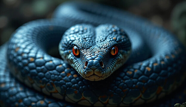 close up of a blue eyed tree python