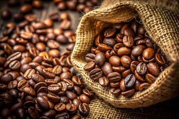 Roasted coffee beans spilling from a burlap sack