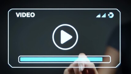 Woman Hand Touching Play Button On Futuristic Video Screen With Blue Interface Minimalist Design For Technology Concept on Dark Gray Background - Powered by Adobe