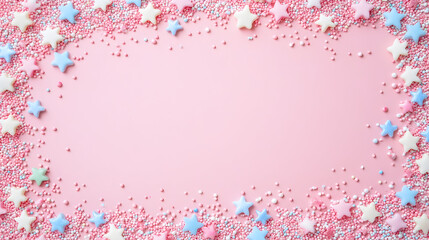 Candy Stars Sprinkles Frame Pastel Pink Sweet Background Celebration Texture Holiday Festive Decorative Design Element Stars sprinkles frame on pastel pink background with copy space for holiday