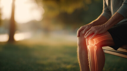 Lifestyle image of close-up view of a painful pain Knee Osteoarthritis severe Articular cartilage discomfort augmented overlay on the knee with glowing red pain semi-transparent bone and joints