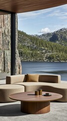 Fototapeta premium Cozy Scandinavian Living Room Overlooking Scenic Nature with Modern Tactile Elements