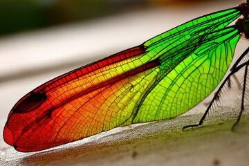 Close-up of vibrant dragonfly wings, red and green hues