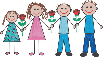 Fototapeta premium Childlike Drawing of a Happy Family Holding Roses on a White Background