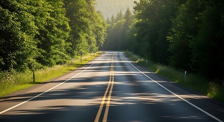 Obraz premium Scenic drive through lush green forest with winding asphalt road ahead offers tranquility