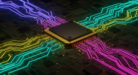 Vibrant Circuitry: A Close-Up of a Microprocessor's Intricate Design