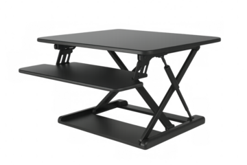 Height-adjustable standing desk converter in black, enabling seamless posture transitions, supporting ergonomic workplace wellness against transparent backdrop