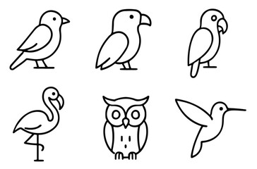 Line Art Bird Icon Set in Black and White Outline Featuring Sparrow, Eagle, Flamingo, Owl, Parrot, and Hummingbird in a Modern Flat Style
