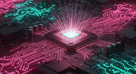 Neon Glowing CPU Microchip Circuit Board