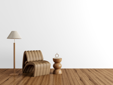 Futuristic leather chair with bold design and floor lamp on transparent background with realistic shadow