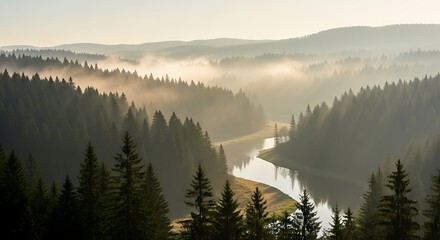 Misty Morning River in a Pine Forest