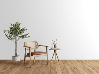 Modern Scandinavian armchair and side table with indoor plant on transparent background with shadow
