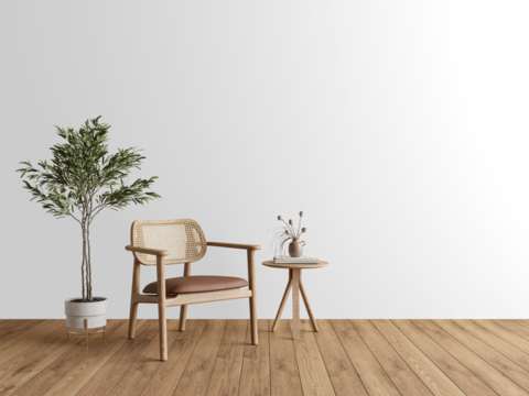 Modern Scandinavian armchair and side table with indoor plant on transparent background with shadow