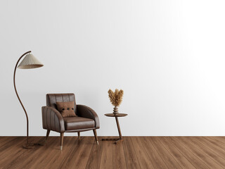 Vintage leather armchair with floor lamp and side table with dried flowers on transparent background