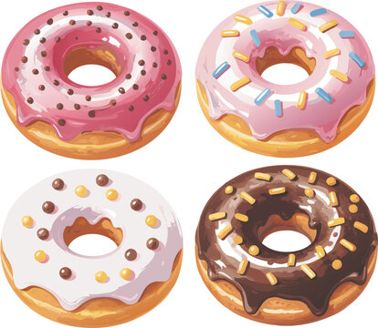 Four Artistic Donuts with Pink, White, and Chocolate Icing and Colorful Sprinkles Displayed on White Background