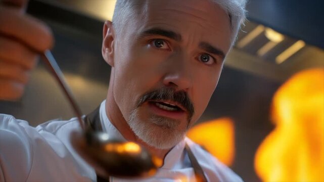 A white-haired chef in his late thirties, with a thin mustache and goatee, holding up an empty metal spoon over flames