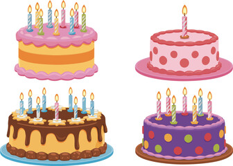 Four Decorated Birthday Cakes with Candles Pink, Chocolate, and Purple Colorful Festive Desserts