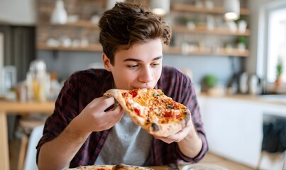 his hands he is holding a deliciuous pizza margherita. the teenager is biting into the whole pizza and looking at the pizza like he is surprised and full of love for the pizza
