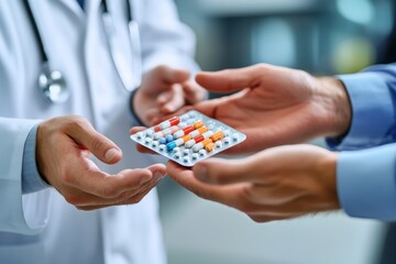 Pharmaceutical sales representative presenting new medication to a doctor in a medical building, discussing the latest advancements in treatments, Generative AI