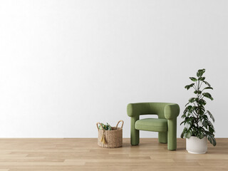 Contemporary green armchair with houseplant and woven basket on transparent PNG background