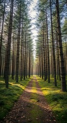 A path leads through a dense forest of tall, straight pine trees, with sunlight filtering through the canopy onto the mossy ground.
