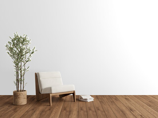 Low-profile lounge chair with stack of books and potted tree on transparent background with shadow